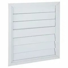 Single-panel backdraft damper for horizontal mounting in ceiling or roof openings. Measures 26 inches high by 32 inches wide by 1 3/8 inches deep. Maximum air velocity 1500 fpm. Prevents reverse airflow when fan is off.