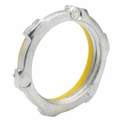 Steel sealing locknut for rigid threaded conduit (RMC/IMC). Used to secure conduit to boxes, enclosures, or fittings, providing a vibration-resistant connection in electrical installations.