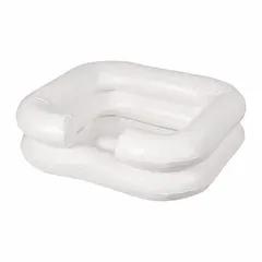 White vinyl inflatable bed shampooer designed for bedside hair washing. Includes a 40-inch drain tube for water removal. Overall dimensions: 24 in length, 20 in height. Contains latex.