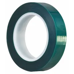 Polyester film tape with silicone adhesive, 3.2 mil thick, 1/4 inch wide, 72 yards long, green color. Designed for high-temperature masking applications such as powder coating, wave soldering, and plasma spray. Withstands elevated process temperatures and removes cleanly without residue.