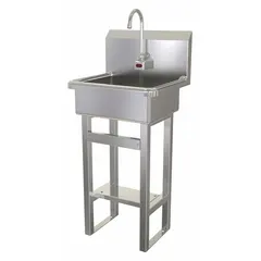 This one-station freestanding hand sink includes a sensor-operated faucet with a 2 gpm flow rate. It is AC powered and features a 17-inch bowl length and 7-inch bowl depth. Side splash is not included. Suitable for commercial restrooms, healthcare facilities, and foodservice areas requiring touch-free operation.