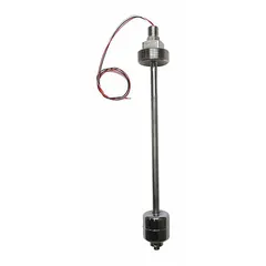 Rod-type float level sensor with 316 stainless steel construction for body, stem, float, and probe. Accuracy ±0.25 in, 4 to 20mA output, 12/30V DC supply. NPT connection, vertical mounting, cULus listed for nonhazardous liquids. Used for continuous level measurement in industrial tanks and vessels.