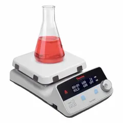 This single-position hot plate features a rectangular 10 1/4 x 10 1/4 inch plate and operates on 100/120V AC with a US Standard plug. The digital display and integrated timer allow precise control for heating applications such as boiling, evaporation, and chemical reactions in laboratory settings. A hot surface warning indicator is included for safety.