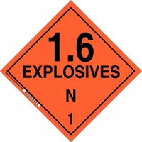 This BRADY placard displays the message '1.6 Explosives N 1' and measures 10 3/4 inches by 10 3/4 inches. It is used for identifying Class 1 explosives on containers during transport and storage, helping to meet regulatory requirements for hazardous material labeling