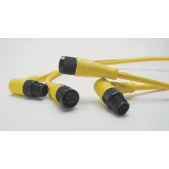 Single-ended cordset with a yellow PVC jacket for flexing applications. Features an M12 female straight connector on one end and bare wire on the other, with 5 pins, 22 AWG wire, and 5 m cable length. Rated IP67 and NEMA 6P for protection against dust and water ingress. Suitable for connecting sensors or actuators in industrial automation, packaging, and material handling equipment.