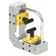 This switchable permanent magnet holds ferrous workpieces at a precise 90-degree angle for welding and fabrication. With a maximum pull force of 1,200 lb, it positions steel plates, beams, and pipes without clamps. The on/off switch allows easy placement and removal.