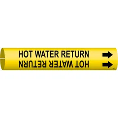 Yellow snap-on pipe marker with black legend reading 'Hot Water Return' and directional arrows. Fits pipe outer diameters from 3/4 to 1-3/8 inches. Used to identify hot water return lines in industrial piping systems for quick location and verification during maintenance or system modifications.