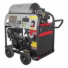 Gas-powered hot water pressure washer mounted on a cart for mobility. Delivers 4000 psi at 4 gpm with 12 hp. Suitable for cleaning grease, oil, and grime from equipment and surfaces in industrial settings.