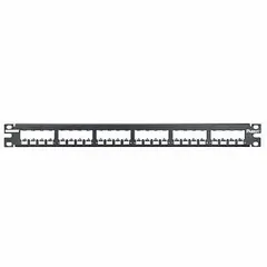 The PANDUIT CP24BLY is a 1-rack-unit, 24-port shielded patch panel constructed from stainless steel. It features a flat design with adhesive port labeling and rear access for cable management. This unequipped panel accepts Panduit Mini-Com Modules and is suited for structured cabling installations requiring EMI protection.