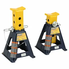 This medium-duty jack stand from HEIN-WERNER has a 7-ton load capacity and extends to a maximum height of 15 3/4 inches. It features a square steel base and a rectangular saddle, with a ratchet handle for height adjustment. Suitable for supporting vehicles during maintenance or repair in workshops and garages.