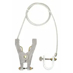 Terminated bonding and grounding wire with a 3 ft length, featuring a C-Clamp connector and a Hand Clamp with a 3/4 in opening span. Conductor is carbon steel. Used for creating a safe electrical path between equipment and ground, commonly applied in industrial settings where static discharge must be controlled.