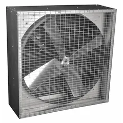 This belt-driven box exhaust fan is designed for ventilation in agricultural settings such as barns, greenhouses, and livestock facilities. It features a 36-inch steel blade and steel construction, moving large air volumes to help control temperature, humidity, and odors. The unit ships unassembled and does not include a motor.