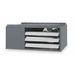 This low-profile suspended unit heater is designed for wall or ceiling mounting in commercial and industrial spaces such as warehouses, workshops, and garages. It operates on propane fuel with a 30,000 BtuH heating capacity input and features a propeller fan. The unit is field convertible for combustion type and has a 1/2 in NPT male gas connection. Overall dimensions are 12-3/8 in H x 30 in W x 25-7/8 in D.