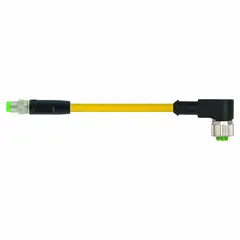 This cordset features an M8 male straight to M12 female straight configuration with a 5 m PVC yellow cable. It is rated IP65 and uses 24 AWG wire. Suitable for sensor/actuator connections in industrial automation, packaging, and material handling equipment where flexing is required.