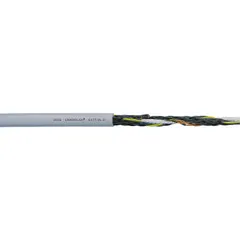 This continuous flexing control cable from the Chainflex series features 16 AWG copper conductors with black and white number coding, 25 conductors, and a 25 ft length. It includes a ground conductor, is oil and grease resistant, and has a PUR jacket. Rated at 1000 V, it meets cRUus standards and is suitable for use in cable carriers and other flexing applications.