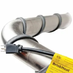 This fiberglass heating cord is 18 ft long, 1/2 in wide, and 1/4 in thick, with a thermoplastic elastomer outer material. It is grounded and requires no controller. Compatible with metal and plastic surfaces, it is used for freeze protection and temperature maintenance on pipes, valves, and tanks.