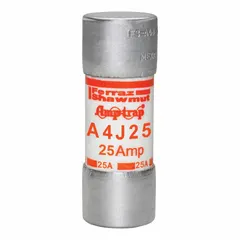 Class J cylindrical-body fast-acting fuse rated 25 A, 600 V AC, 300 V DC. Provides overcurrent protection in industrial power distribution systems, motor control centers, panelboards, and switchgear where rapid short-circuit clearing is required.