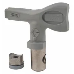 The GRACO XHD415 is a gray airless spray gun tip with a 0.015 in tip size. It is a replacement tip for airless spray guns, compatible with the XHD001 model and XTR series. Used in industrial painting and coating applications to produce a controlled spray pattern.