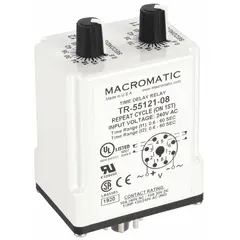 Socket-mounted time delay relay with 8 pins, rated for 240V AC and 10 A. Designed for single-function timing control in industrial automation applications such as machinery sequencing, conveyor timing, and process control.