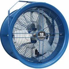 This high-velocity industrial fan is designed for ceiling mounting to provide directed airflow in warehouses, factories, and large commercial spaces. It features an 18-inch blade diameter, a 1/2 hp motor, and operates on 208 to 230/460V AC. The fan is non-oscillating with a single speed, suitable for spot cooling and air circulation where floor space is limited.