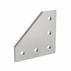 This aluminum plate connector features a matte chrome plated finish and measures 59 mm x 59 mm x 4 mm. Designed for 5 mm slot width profiles, it has 5 holes and is used to create 90° angled joints in structural framing systems. Typical applications include machine guards, workstations, and industrial automation frames.