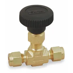 Brass straight-body inline needle valve with integral bonnet and PTFE components. Features compression x compression connections and a regulating stem for precise flow control. Designed for oil media, compliant with ISA S75.02 standards. Suitable for hydraulic and lubrication systems requiring fine metering and shut-off.