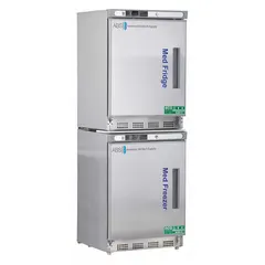 This pharmacy refrigerator-freezer provides 4.5 cu ft of refrigerator capacity with two separate compartments, each with a solid swing door. The left-hinged doors allow for flexible placement in laboratory or pharmacy settings. It is designed for storage of temperature-sensitive materials such as medications and biological samples.
