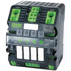 The MURRELEKTRONIK MICO+ is a 4-channel electronic circuit protector rated for 30V DC. Each channel can be adjusted to 10 A, 4 A, 6 A, or 8 A. It provides selective overcurrent protection for industrial control systems and automation equipment.