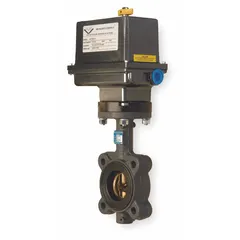 This cast iron electric butterfly valve is suited for on-off or modulating control of gas, oil, or water media in industrial piping systems. It features a 2-1/2 in pipe size, operates on 115V AC, and accepts a 4-20 mA input control signal. The disc is made of bronze.