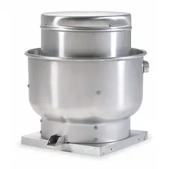 This unassembled belt-drive fan is designed for high-static-pressure kitchen exhaust applications. It features a 14 3/4 in wheel and delivers 642 cfm to 1,592 cfm. The square base allows roof or wall mounting. Supplied without drive package.