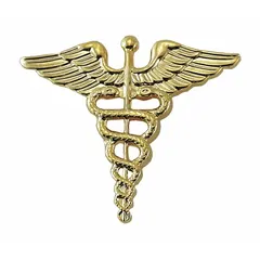 Gold-colored metal rank insignia for medical officer, 1 inch size, with clutch pin attachment. Used on uniform caps, collars, or lapels to denote rank. Pack of 1.