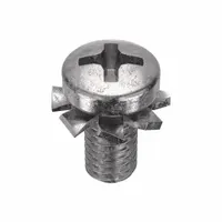 Machine screw with integrated external tooth lock washer, M4x0.70 thread, 8 mm length, stainless steel, plain finish, pan head, #2 drive. Supplied in a 10-pack. Used in machinery, electrical enclosures, and panel assembly to resist loosening from vibration