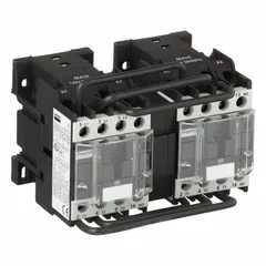 This reversing IEC contactor from Dayton features 3 poles and 3 normally open contacts, rated for 9 A with a 120V AC coil. It is used for forward and reverse motor control in applications such as conveyors, pumps, and hoists. This model does not include integrated surge suppression.