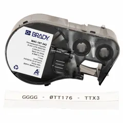 Polyolefin continuous sleeve label roll cartridge in white matte finish. Designed for wire and cable identification on 10 AWG to 20 AWG conductors. Compatible with BMP53 printer series for on-demand labeling.