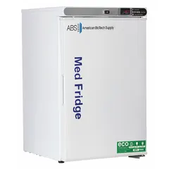 Undercounter lab refrigerator with 2.5 cu ft capacity, maintaining 2°C to 7°C. White swing solid door opens right. Includes temperature alarm. Uses R-600a refrigerant. Overall depth 19 1/2 in. Suitable for storing pharmacy and vaccine products in clinical or research settings.