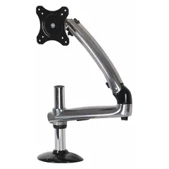 Full motion TV mount for screens up to 38 inches and 17.8 lb. Constructed from gloss-finished black aluminum, it offers 180° swivel, 90° down tilt, and 45° up tilt. Suitable for surface mounting in control rooms, workstations, or industrial display setups.