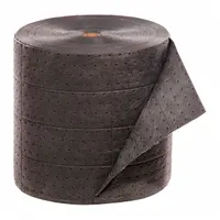 This gray polypropylene sorbent roll measures 15 inches wide by 150 feet long. It is used for absorbing industrial fluid spills, leaks, and drips, including oils, coolants, solvents, and water-based fluids. The continuous roll can be torn to size for use in maintenance, manufacturing, and processing areas