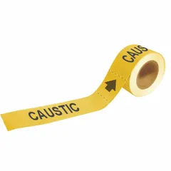 Yellow adhesive pipe marker with black 'Caustic' legend and directional arrows. Fits pipe outer diameters of 1-1/2 to 2 inches. Supplied 25 markers per roll for identifying caustic piping systems in industrial facilities.