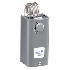Steel-enclosed line-voltage mechanical thermostat with hydraulic air coil sensor. SPDT switch rated for 120 to 277V AC. Adjustable setpoint range -30° to 100°F with 3° to 12°F differential. Used for indoor single-stage heat or cool control in commercial or industrial spaces such as warehouses, plant floors, or equipment rooms.