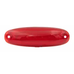 LED oval clearance light with red lens, SAE P3 rated. Surface mount with hole mount design. Includes blunt cut wires for electrical connection. Used on trailers, trucks, and heavy equipment for rear side visibility.