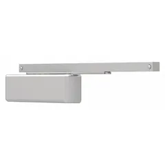 Grade 1 heavy-duty aluminum door closer with track arm, non-hold open function, and adjustable spring size 6. Measures 12 1/8 in length by 2 1/4 in width. ADA compliant for interior use in commercial and industrial applications requiring reliable door control.