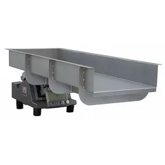 Vibratory feeder with a feed rate of 26,000 lb/hr, 48 in trough length, 16 in trough width, and 13 in discharge height. Used for controlled bulk material handling of powders, granules, or parts in industrial processing lines.