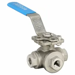 Three-way ball valve with CF8M stainless steel body, L flow pattern, and 1/4 in FNPT x FNPT x FNPT connections. Equipped with a locking lever handle for secure operation. Used to divert or mix flow in industrial piping systems.