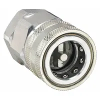 Steel hydraulic quick-connect coupling body with 1/4"-18 NPTF threads and a nitrile seal. Rated for a maximum flow rate of 14.384 lpm. Used to connect and disconnect hydraulic lines in mobile equipment, industrial machinery, and hydraulic power units
