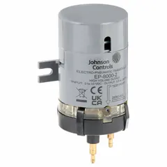 This electric-to-pneumatic transducer converts a 20 mA input signal into a proportional 20 psi pneumatic output. It features direct-acting control action and is used in HVAC building automation systems to control actuators, valves, and dampers from a direct digital controller. No amplifier is included.