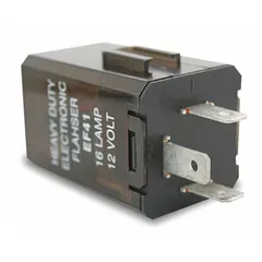 This 3-terminal flasher relay operates on 11-15V DC and produces 60 to 120 flashes per minute. It is used in vehicle turn-signal and hazard-light circuits to control blinking.