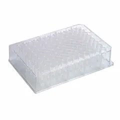 96-well deep well plate made of natural polystyrene with square wells, each having a 0.5 mL capacity. The plate measures 86 mm in diameter and is non-sterile. Suitable for high-throughput sample storage, processing, and assay preparation in laboratory workflows where sterility is not required.