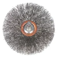 Crimped stainless steel fill brush for light cleaning and surface preparation on stainless steel. Removes oxidation, light rust, and weld discoloration without contamination. 2" diameter, 3/8" width, 1/4" shank, 0.012" fill