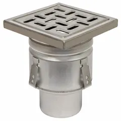 Sanitary floor drain with 3 in nominal pipe size and no-hub connection. Constructed of stainless steel with a slotted grate and silver finish. Used in commercial and industrial drainage systems for surface water removal.