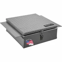 Silver aluminum step truck box with hasp latch, no lock. Overall depth 9 in, height 24 in, width 22 in. Designed for in-frame mounting on service trucks to store tools and equipment